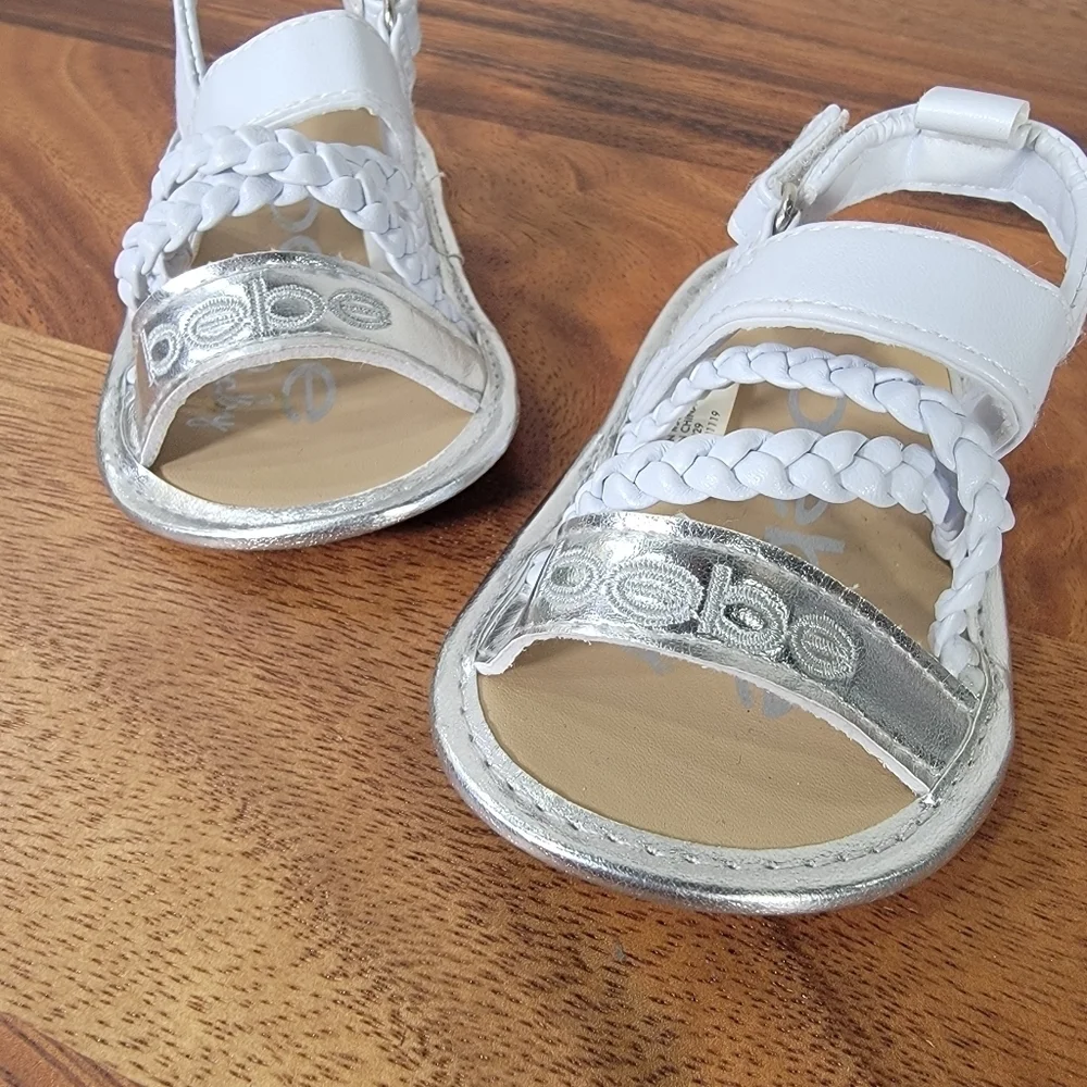 Bebe Silver and White Sandals Toddler Size 2 Braided With Ankle Strap